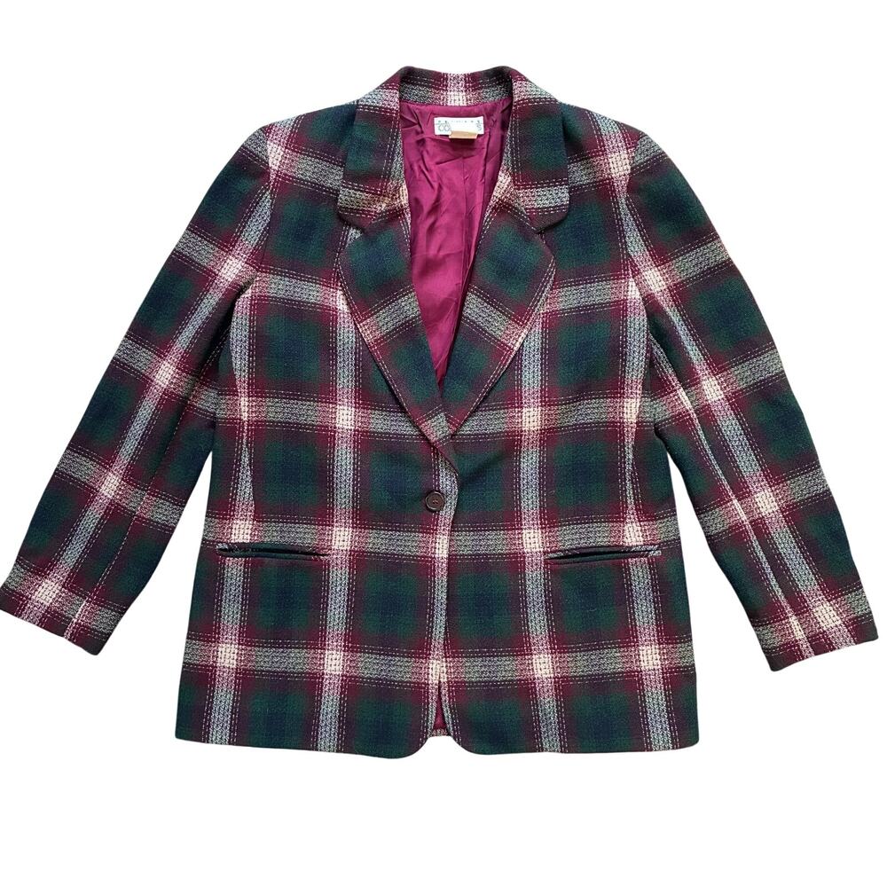 Vintage Wool Plaid Purple Green Blazer Structured 90s Jacket Blazer Size L